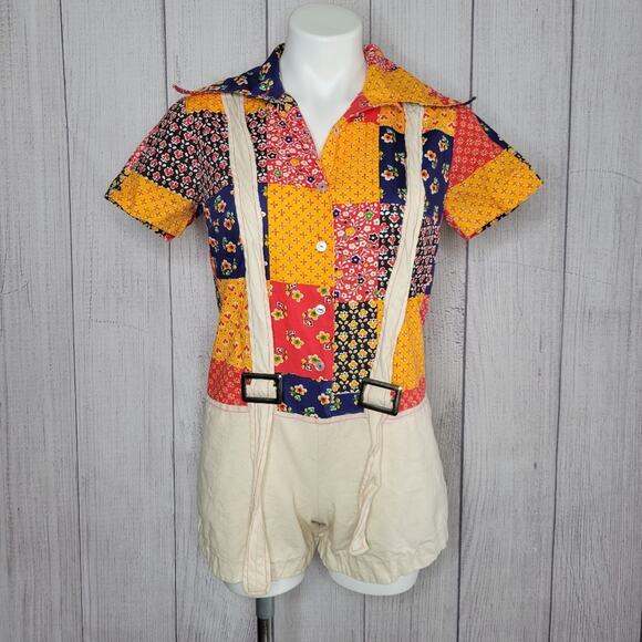 Vintage 70s Patchwork Dagger Collar Button Up Romper with Suspenders - Picture 1 of 5